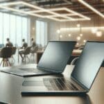 Primer plano de computadoras portátiles sobre una mesa en un espacio de coworking moderno, ambiente tecnológico.