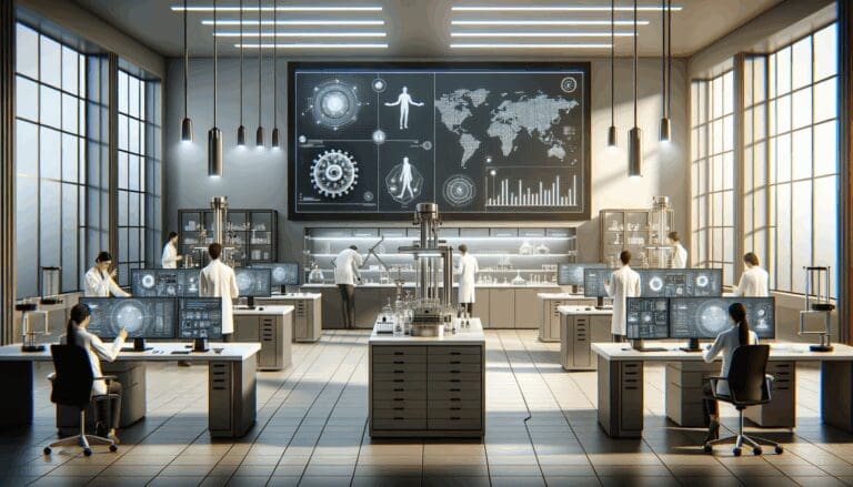 Laboratorio moderno con equipos de alta tecnología y emprendedores trabajando.