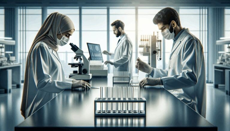 Laboratorio moderno con científicos trabajando en investigación biotecnológica.