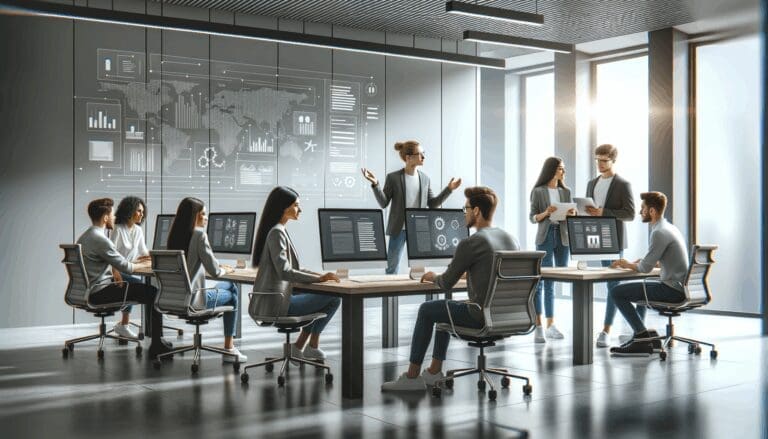 Equipo de jóvenes profesionales colaborando en un espacio de coworking moderno, rodeados de computadoras y pantallas digitales.