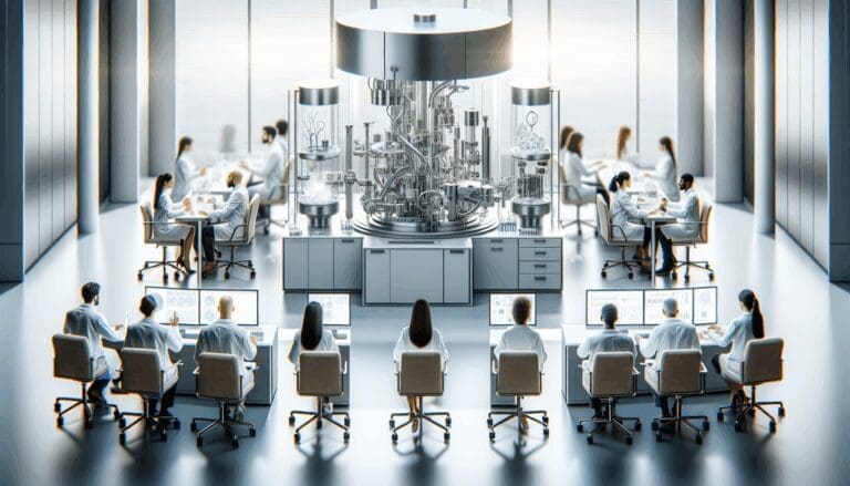 Primer plano de un laboratorio moderno con científicos colaborando y equipos de innovación médica.