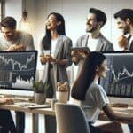 Personas en una oficina moderna revisando computadoras y gráficos digitales de criptomonedas.