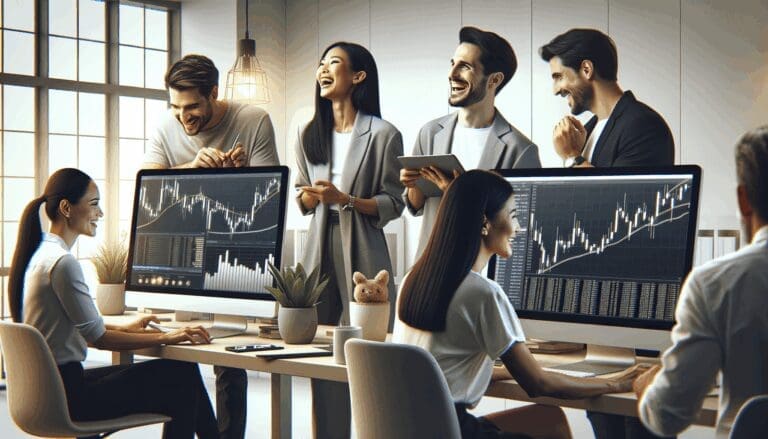 Personas en una oficina moderna revisando computadoras y gráficos digitales de criptomonedas.