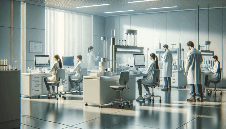 Laboratorio moderno con científicos analizando muestras y tecnología médica de última generación.