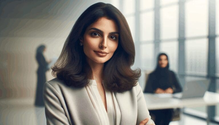 Retrato editorial de una mujer exitosa en un entorno moderno de oficina, fondo neutro y luz suave.