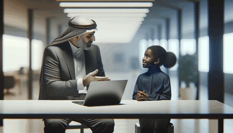 Padre e hija conversando frente a una laptop en un ambiente moderno de oficina.