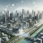 Fotografía panorámica de una ciudad moderna en Latinoamérica, edificios rodeados de espacios innovadores y zonas verdes, reflejando dinamismo tecnológico.