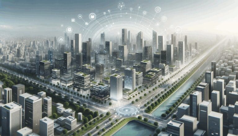 Fotografía panorámica de una ciudad moderna en Latinoamérica, edificios rodeados de espacios innovadores y zonas verdes, reflejando dinamismo tecnológico.