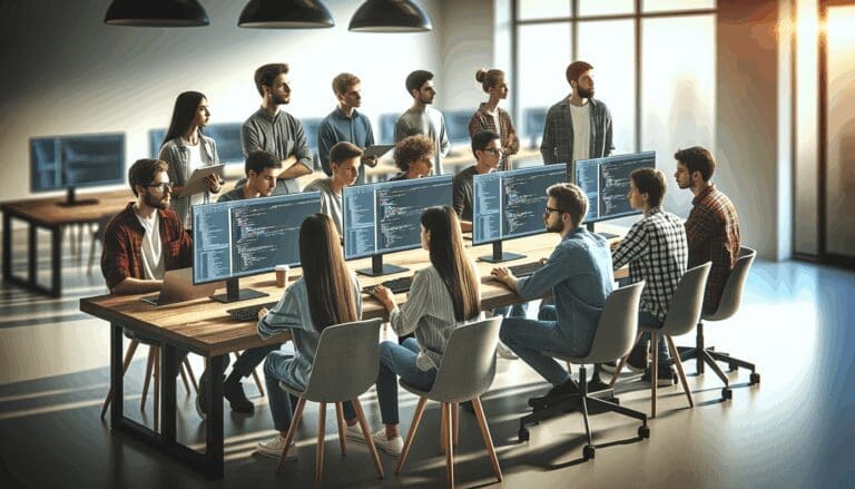Grupo diverso de jóvenes programadores colaborando frente a múltiples pantallas en un espacio moderno de coworking.