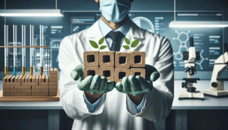 Manos sosteniendo ladrillos sostenibles en un entorno de laboratorio moderno y bien iluminado.