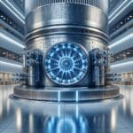 Primer plano de un reactor de fusión nuclear moderno en funcionamiento, con destellos azules y ambiente científico.