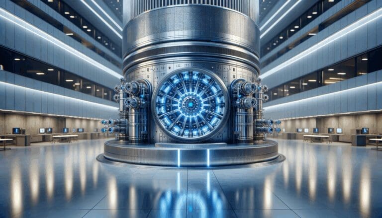 Primer plano de un reactor de fusión nuclear moderno en funcionamiento, con destellos azules y ambiente científico.