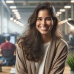 Fundadora emprendedora latinoamericana sonriente en un espacio de trabajo tecnológico moderno.