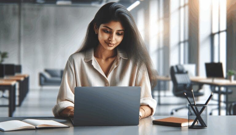 Joven empresaria trabajando en una laptop en un entorno de oficina moderno y luminoso, con detalles tecnológicos.