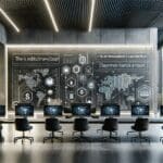 Oficina moderna de una fintech latinoamericana con techos altos y pantallas digitales mostrando flujos de pago.