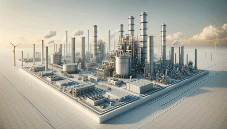 Render futurista de una planta tecnológica con instalaciones avanzadas y torres de energía limpia en un paisaje moderno.