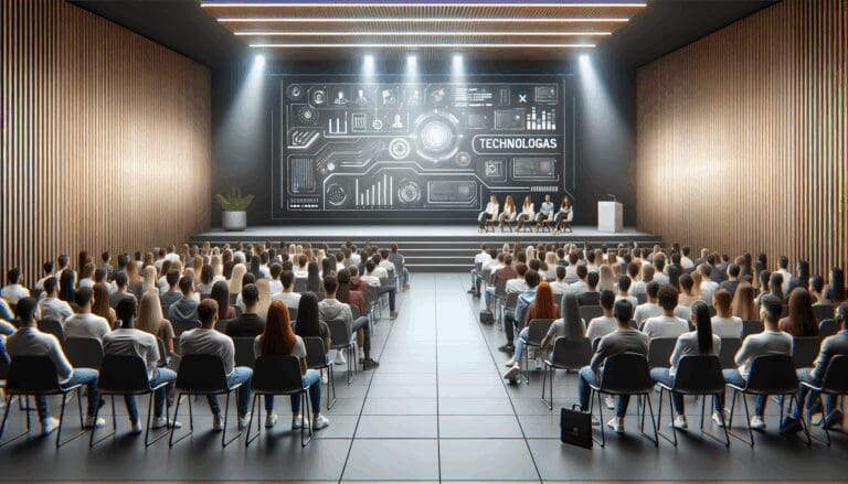 Auditorio moderno lleno de jóvenes escuchando una charla tecnológica.