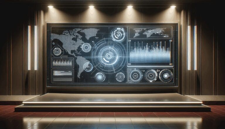 Panel de control digital con gráficos y líneas de datos sobre una pantalla en fondo oscuro, ambiente tecnológico.