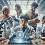 Equipo diverso de emprendedores en laboratorio de alta tecnología trabajando en biotecnología.