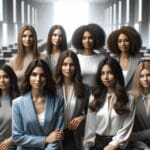 Retrato grupal de jóvenes emprendedoras en un moderno auditorio tecnológico.