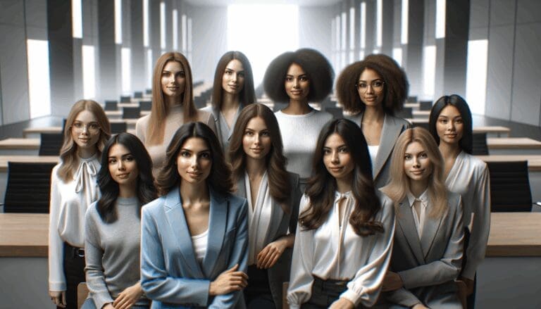 Retrato grupal de jóvenes emprendedoras en un moderno auditorio tecnológico.