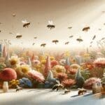 Abejas en un campo de flores, resaltando la relación con la cosmética natural