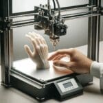 Primer plano de una impresora 3D en funcionamiento creando una prótesis pequeña en un entorno de laboratorio moderno.