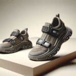 Primer plano de sandalias tecnológicas sobre fondo neutro, con sensores visibles en la suela.