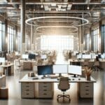 Interior de una oficina con equipos de tecnología y ambiente colaborativo.