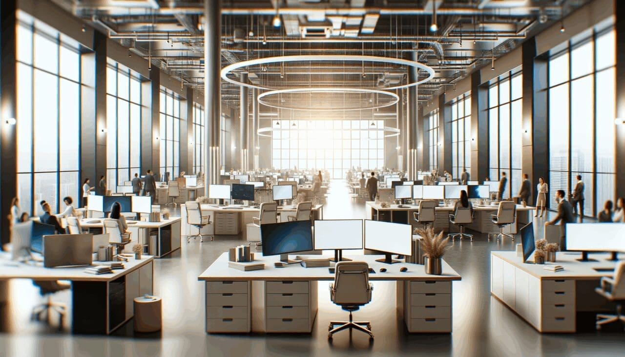 Interior de una oficina con equipos de tecnología y ambiente colaborativo.