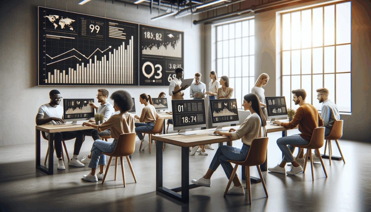 Emprendedores colaborando en un espacio de coworking moderno, con computadoras y gráficos de crecimiento en pantalla.