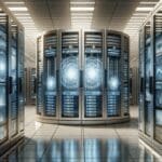 Close-up de servidores cuánticos y pantallas digitales en un laboratorio moderno.