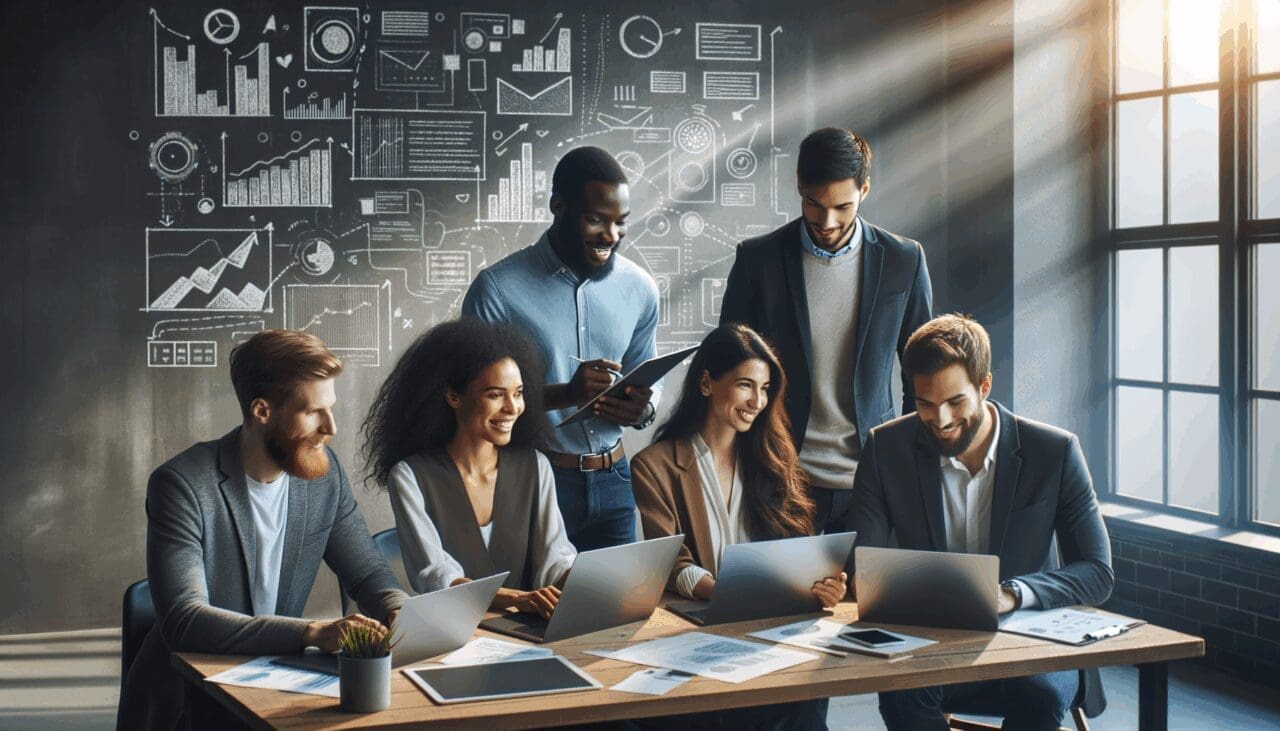 Fotografía de un grupo diverso de emprendedores en una sala moderna, colaborando con laptops y pizarras digitales.