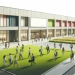 Moderna fachada de un stripcenter con áreas verdes y personas caminando durante el día.