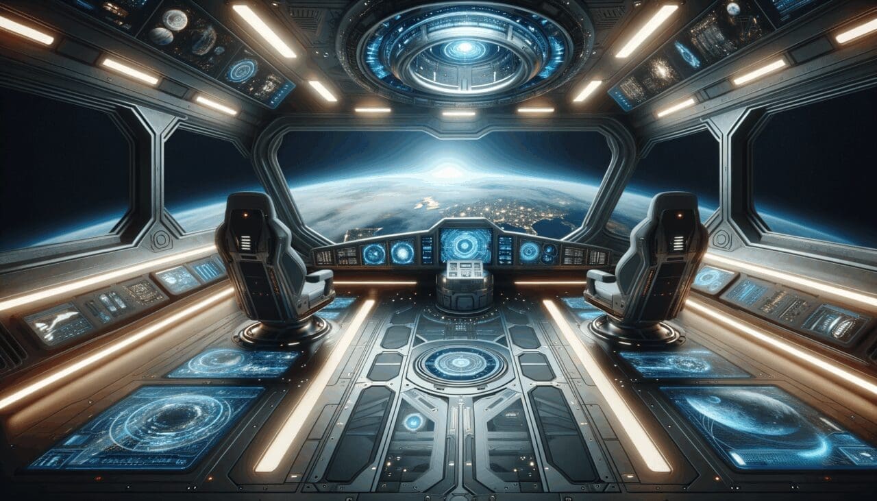 Interior de una nave espacial futurista vista desde la cabina, con la Tierra al fondo y ambiente tecnológico.