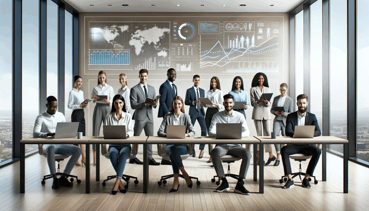 Equipo diverso colaborando en un espacio de coworking moderno, con laptops y gráficos digitales al fondo.