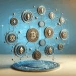 Gráfica conceptual con tokens digitales y cadenas de bloques entrelazadas sobre fondo azul.