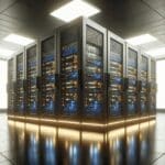 Sala de servidores moderna con equipos informáticos iluminados y ambiente tecnológico sobrio.