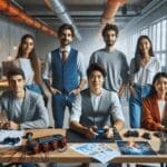 Emprendedores jóvenes desarrollando videojuegos en un espacio de coworking moderno