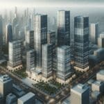 Vista aérea de un moderno complejo empresarial con rascacielos.