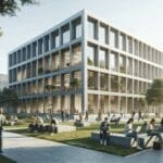 Edificio contemporáneo en un parque tecnológico rodeado de naturaleza y personas conectadas a dispositivos.