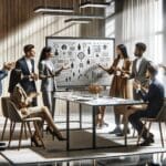 Equipos de emprendedores debatiendo estrategias frente a pizarras digitales en un moderno espacio de trabajo.