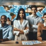 Equipo multinacional de emprendedores jóvenes en una oficina moderna con mapas de América Latina en pantalla