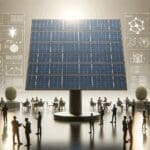 Paneles solares en un entorno tecnológico durante un evento de networking entre emprendedores.