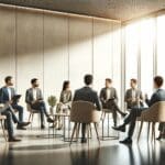 Grupo de emprendedores discutiendo en un entorno moderno y sostenible