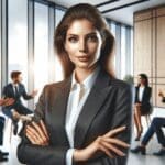 Retrato profesional de una mujer destacada hablando en una oficina moderna frente a un grupo, ambiente luminoso y contemporáneo.