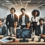 Equipo diverso de jóvenes profesionales colaborando en una oficina moderna con tecnología, ambiente creativo y natural.