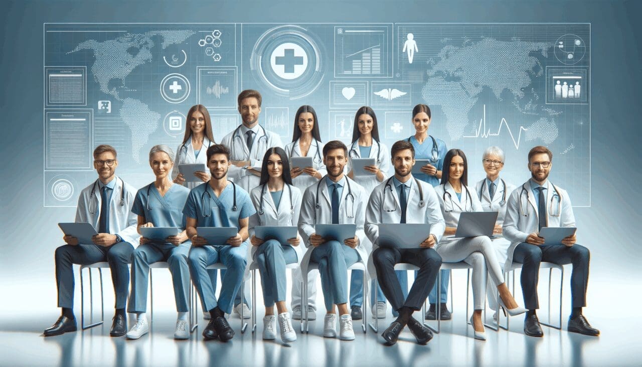 Profesionales de la salud reunidos en un entorno digital moderno con laptops y tablets.
