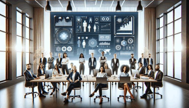 Equipo de emprendedores en sala de reuniones tecnológica, rodeados de pantallas y prototipos innovadores.