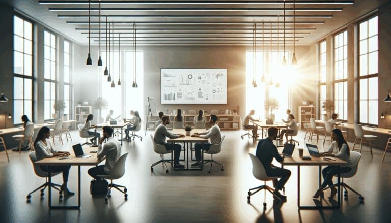 Sala de coworking moderna con emprendedores colaborando frente a laptops y pizarras digitales.